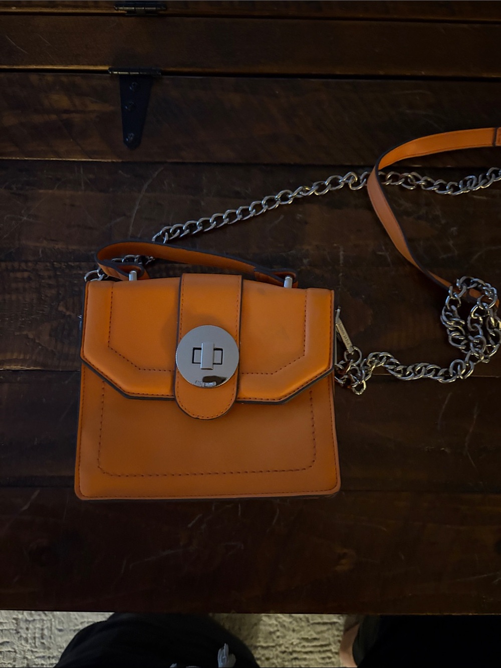 Steve Madden Orange Leather Mini Crossbody with Silver Chain